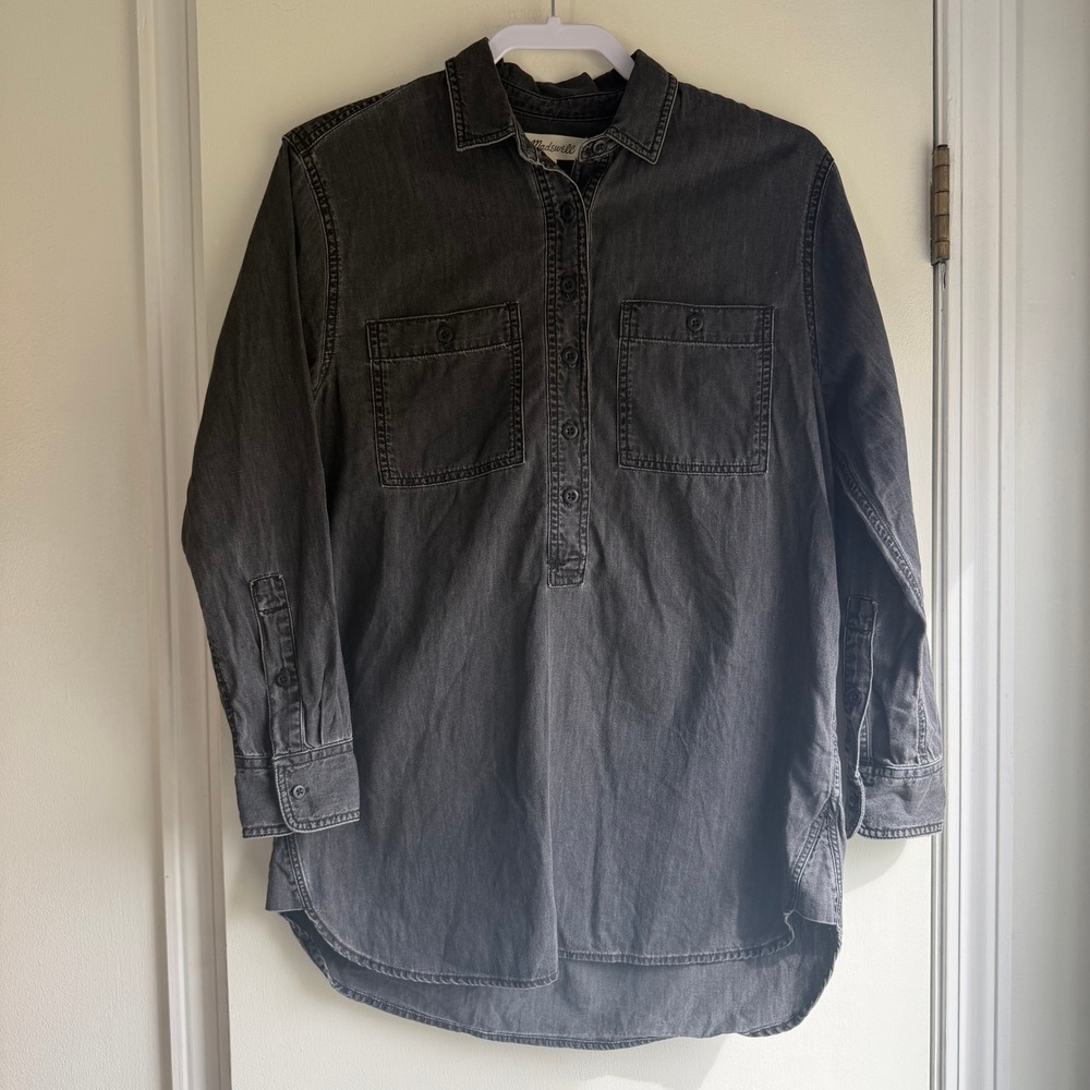 Madewell Womens Denim Popover Shirt Washed Black Cotton Tunic XS Long Sleeve